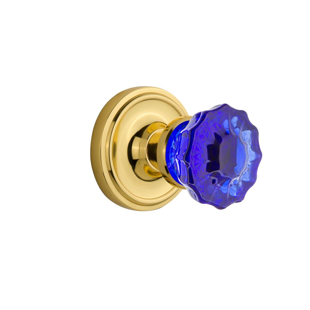 Nostalgic Warehouse CLACRC Colored Crystal Classic Rosette Double Dummy Crystal Cobalt Glass Door Knob in Unlaquered Brass